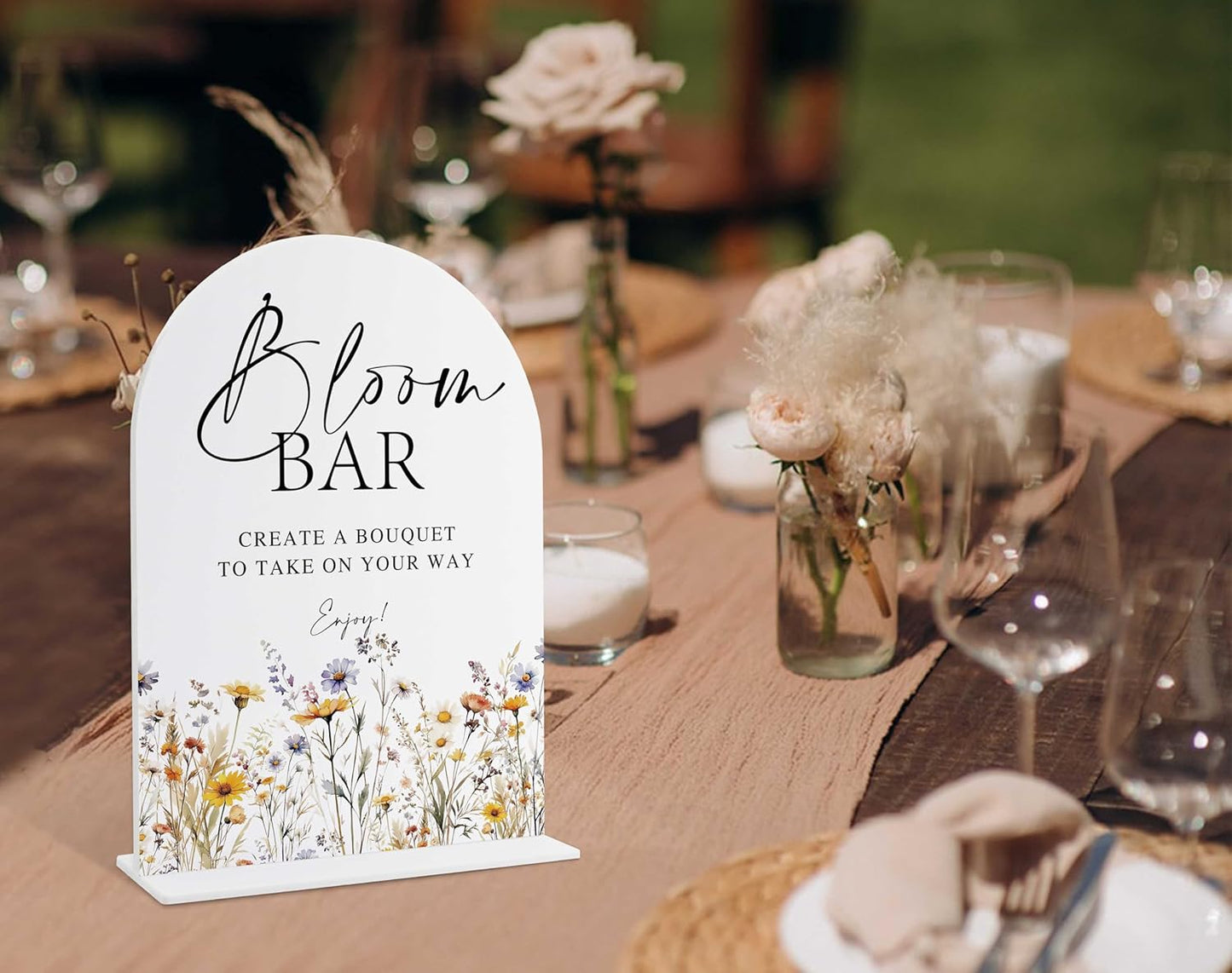 Wedding Signs for Ceremony and Reception, Boho Floral Acrylic Bloom Bar Sign, Wedding Signage with Stand, Bridal Shower Table Centerpieces, Bloom Bar Supplies for Engagement Reception Event Party, 20