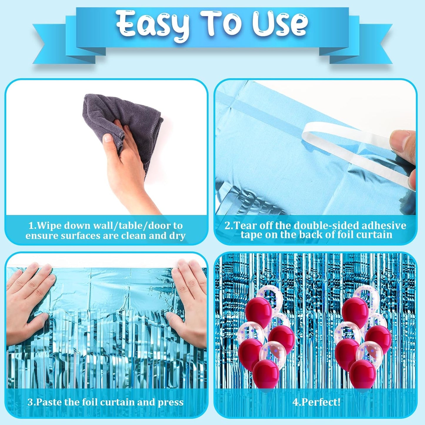 2 Pack Light Blue Tinsel Foil Fringe Curtains, Blue Party Decorations, Metallic Tinsel Party Streamers Backdrop for Birthday Baby Shower Graduation Wedding Anniversary Party Decorations