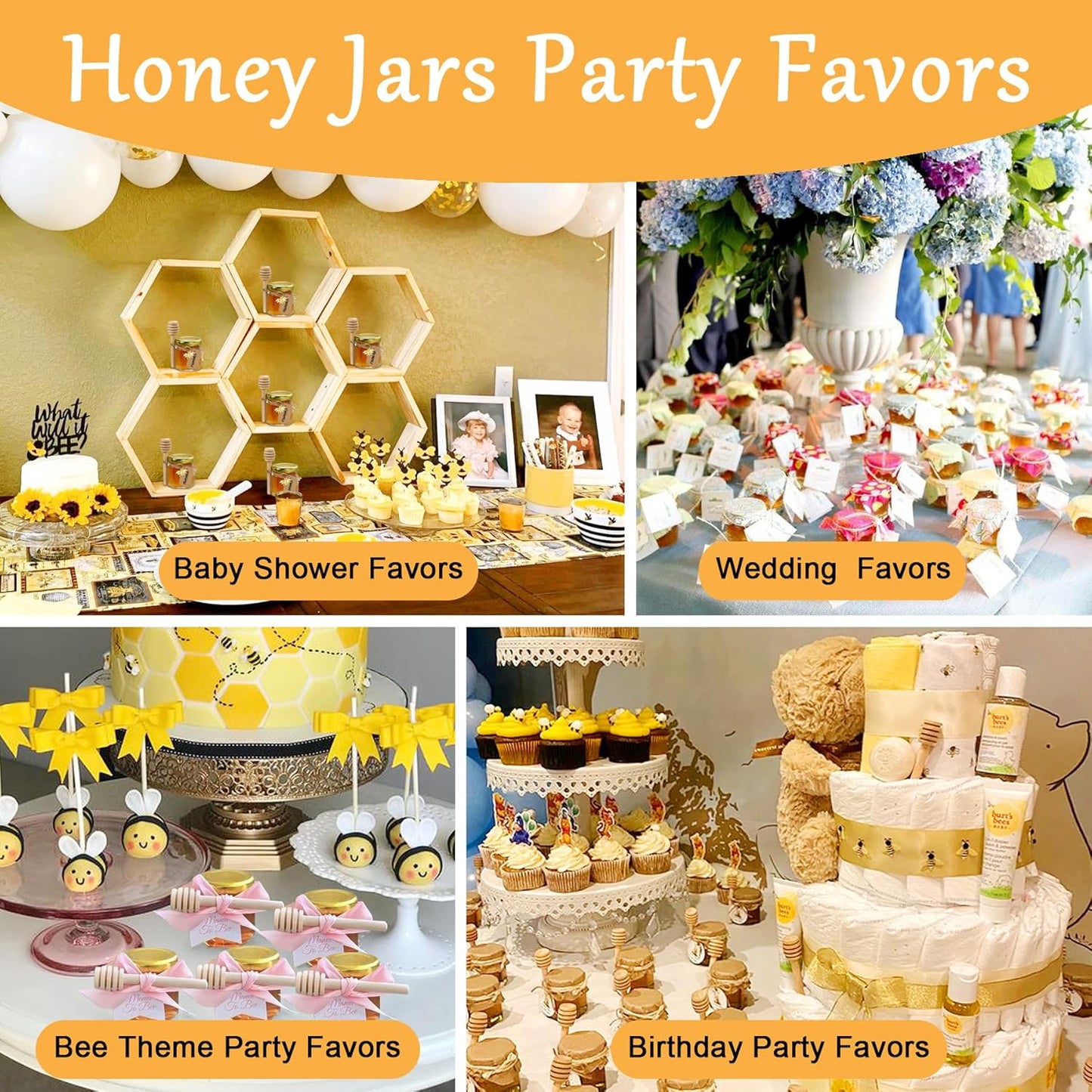 Aliggbent 48 Pack Mini Honey Jars Party Favors in Bulk, 1.5 oz Small Hexagon Glass Honey Jars with Dippers, Lids, Cute Stickers, Bee Charms, Gift Bags and Jute for Baby Showers, Weddings & Birthdays