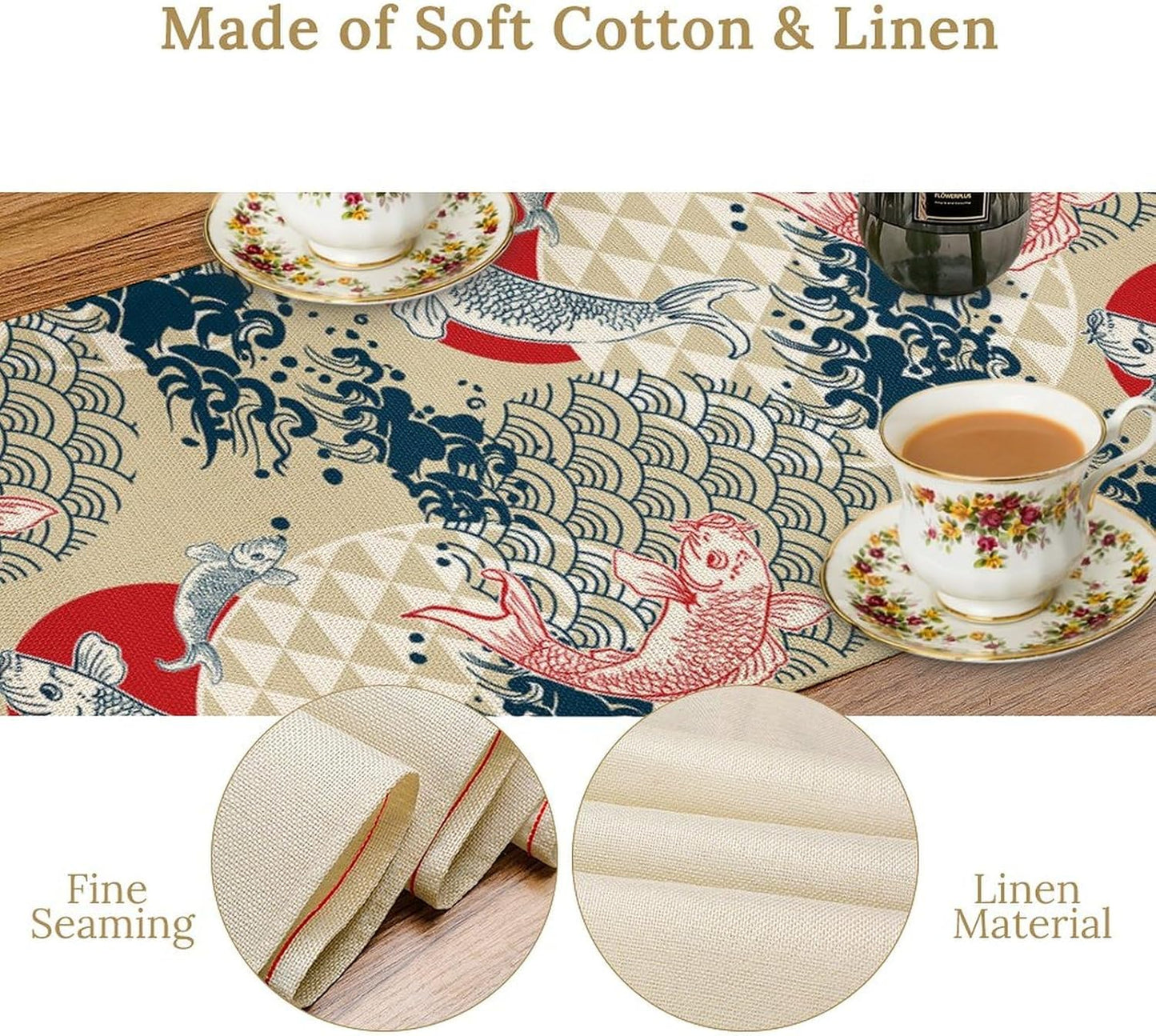 Japanese Table Runner Oriental Tradition Kio Fish Art Printed Burlap Runner Home Kitchen Dining Table Living Room Decor Fabric 1 Panel W13xL90in