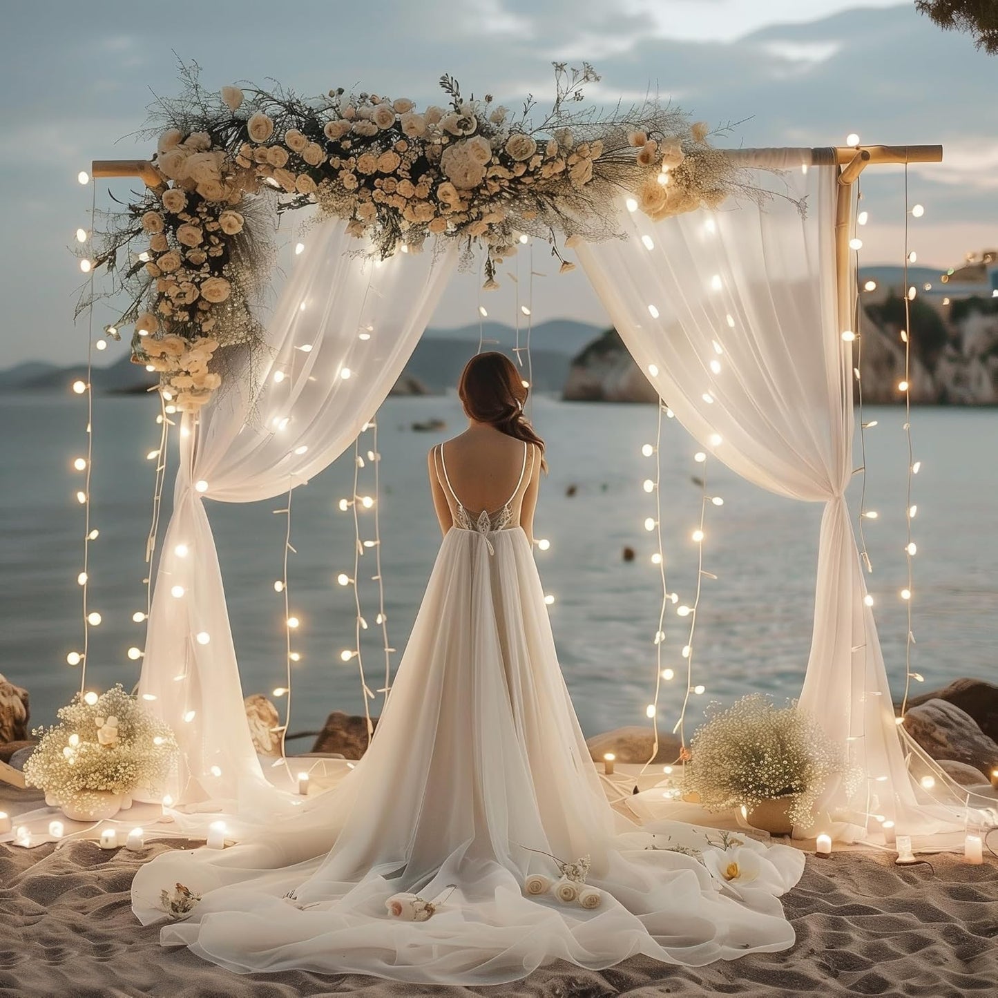 Fomcet Tulle Curtains with Lights String White 30FT X 10FT Sheer Backdrop Curtains for Parties Wedding Baby Shower Photo Shoot Decorations (6 Panels 5 x 10FT)