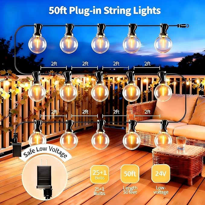 Outdoor String Lights with Remote, 50ft 25 Bulbs Low Voltage(24V) Patio Lights, Dimmable & Timer, IP65 Waterproof, G40 LED Hanging Lights for Outside, Deck, Garden, Backyard, Porch, Party