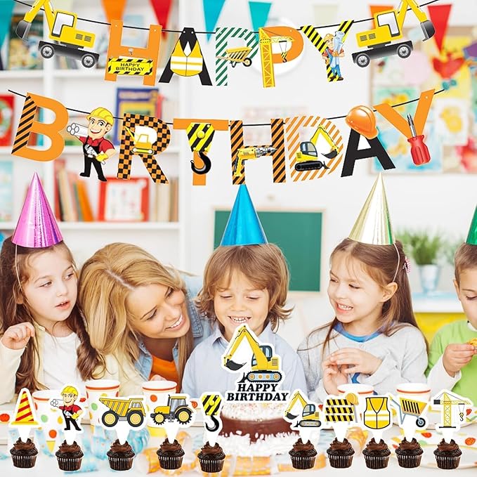 Construction Birthday Party Decorations Set, Happy Birthday Banner, Balloons, Cupcake Toppers, construction vehicles Theme