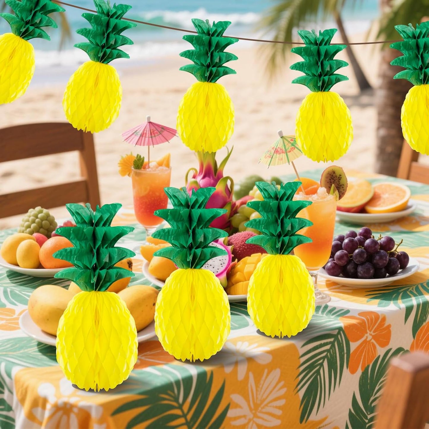 6 Pack 14 Inch Pineapple Honeycomb Decorations, Standing Tissue Paper Centerpieces, 3D Tropical Fruit Ornaments for Hawaiian Luau, Summer Pool, Beach Birthday, Jungle Theme Table Decor