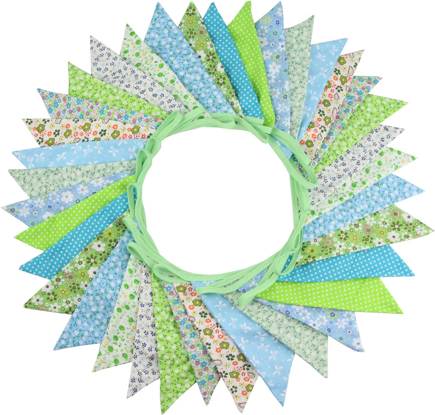 10M/32Ft Triangle Bunting Banner, 36 Pcs Cotton Fabric Flags Pennant Garlands for Birthday Party, Wedding, Baby Shower, Outdoor and Home Decorations (Green)