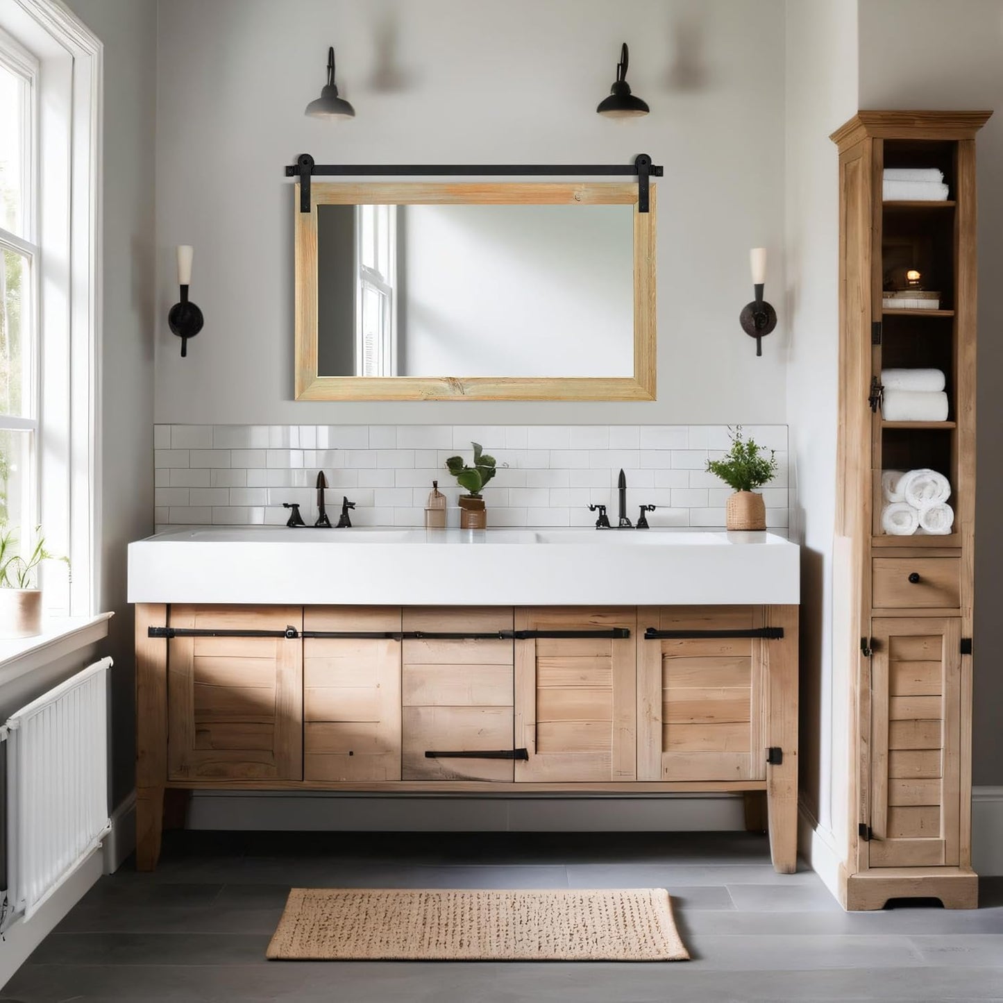 COGOOD Farmhouse Barn Door Mirror - 41 x 26 Rustic Wood Framed Wall Mirror for Bathroom, Living Room, Entryway Wall Decor (Burlywood)