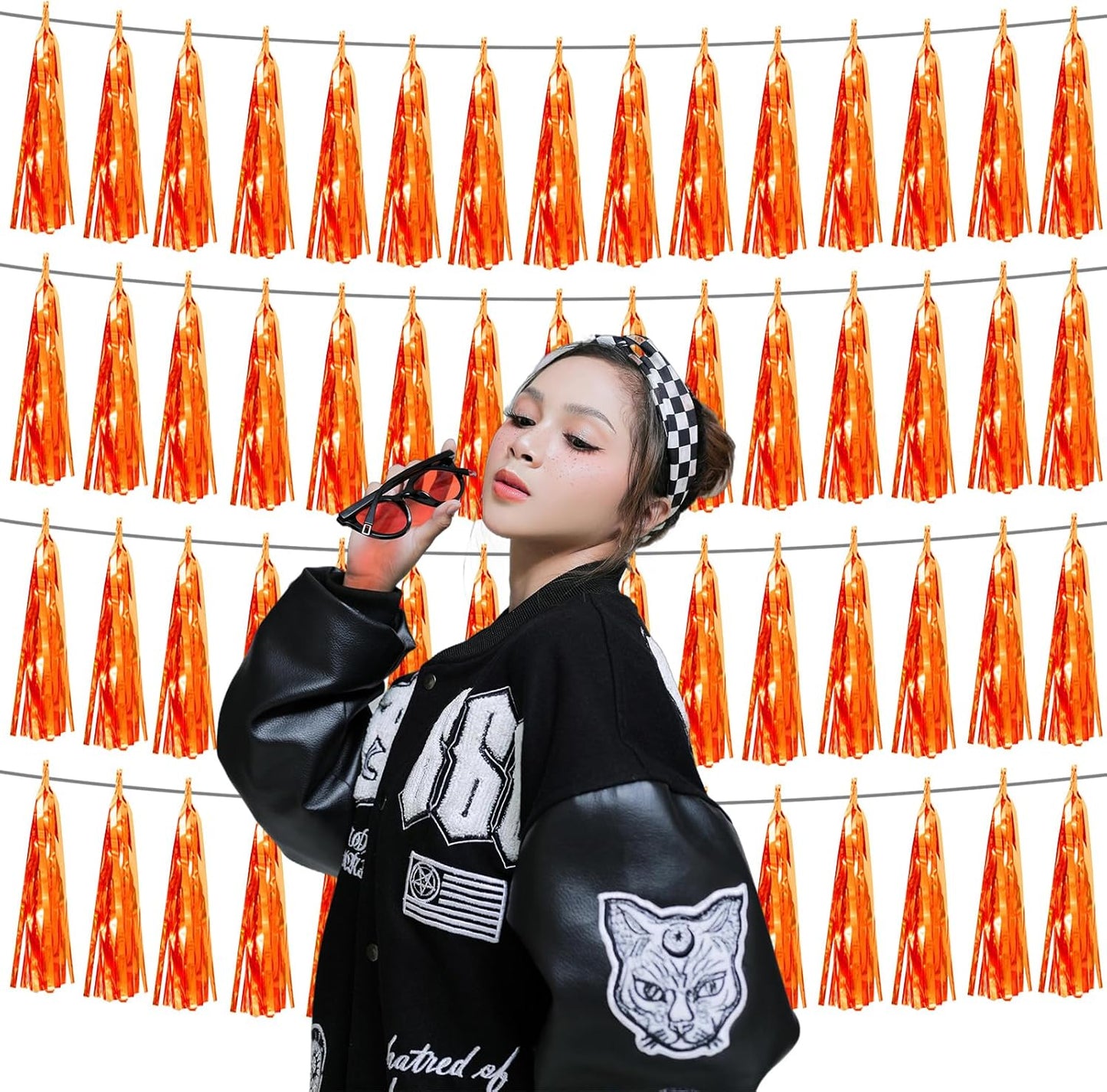 4P Orange Foil Fringe Tassel Banner Garland Metallic Tinsel Streamers Wall Hanging Curtain Backdrop Banner for Parade Floats, Graduation Decorations, Father's Day, Fall, Thanksgiving Party Decoration