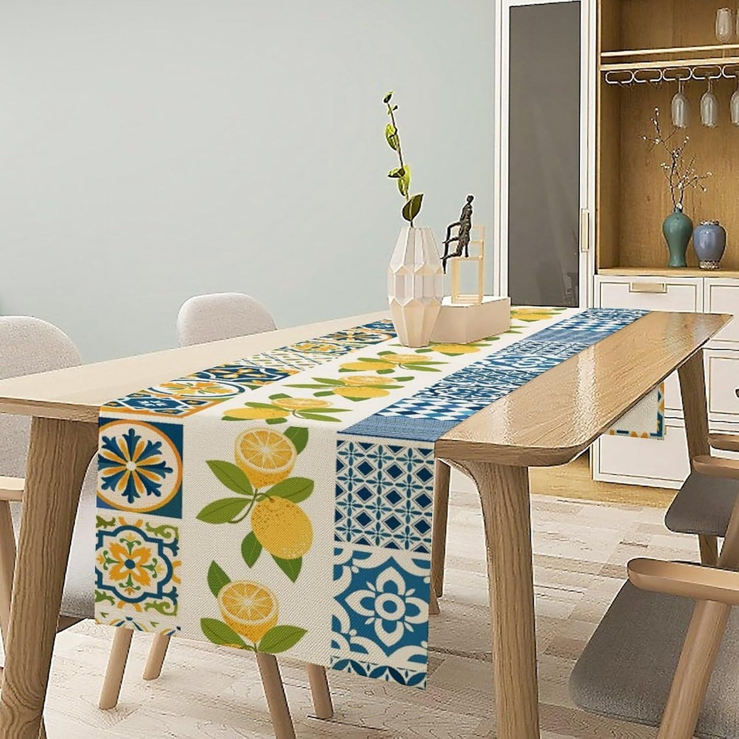 Lemon Table Runner,Watercolor Blue Fruits Green Leaves Print Table Cloth Kitchen Dining Table Home Party Decoration 13x90 Inch