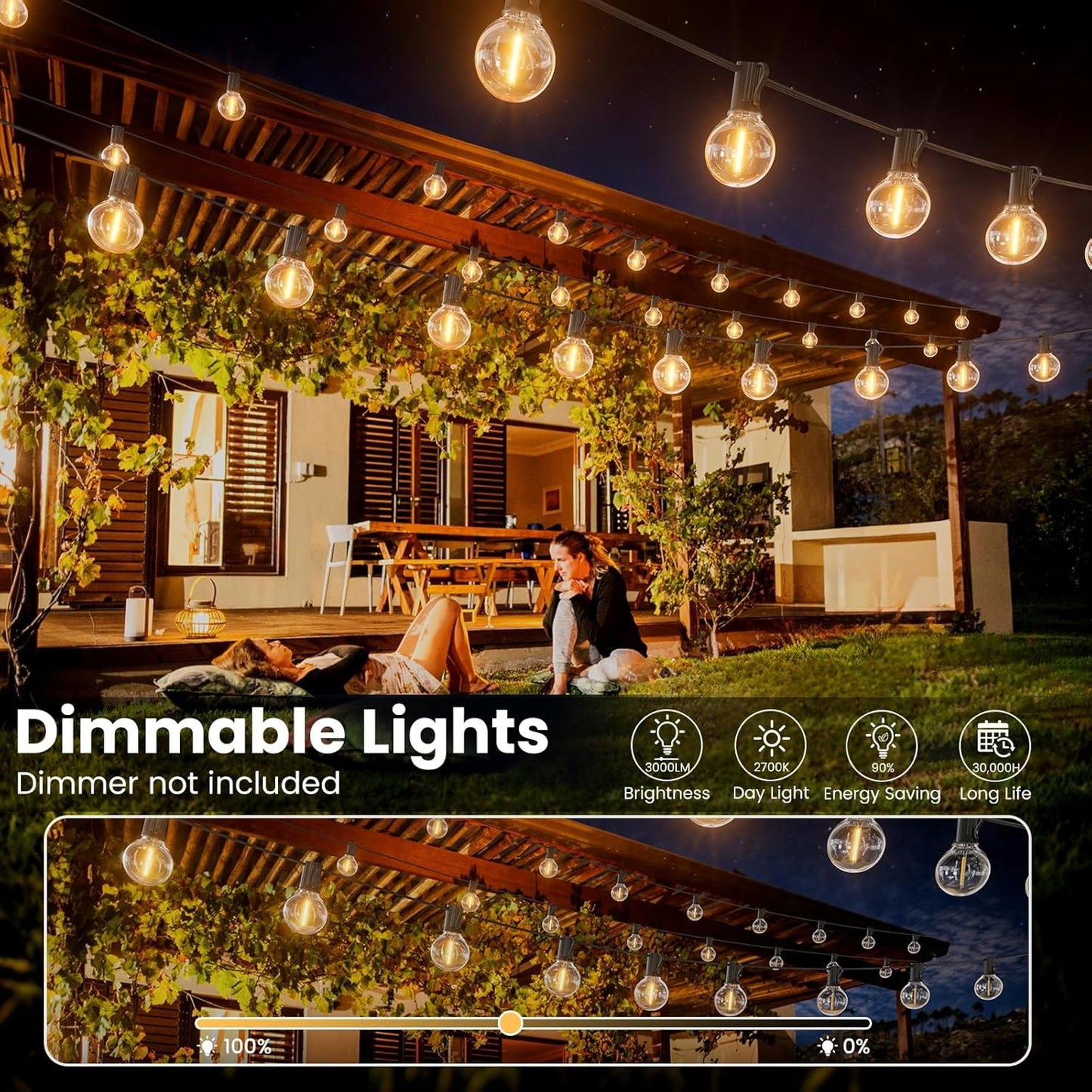 RTTY Outdoor String Lights 100ft, G40 Led Patio Globe Lights with 52pcs Bulbs,Shatterproof Waterproof Connectable Outside Hanging for Porch Cafe Bistro Backyard Gazebo Balcony Deck Party
