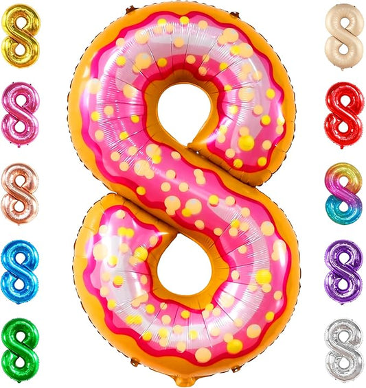 KatchOn Giant Number 8 Donut Balloon - 40 Inch | 8 Balloons for Birthday Girl, Donut Party Decorations