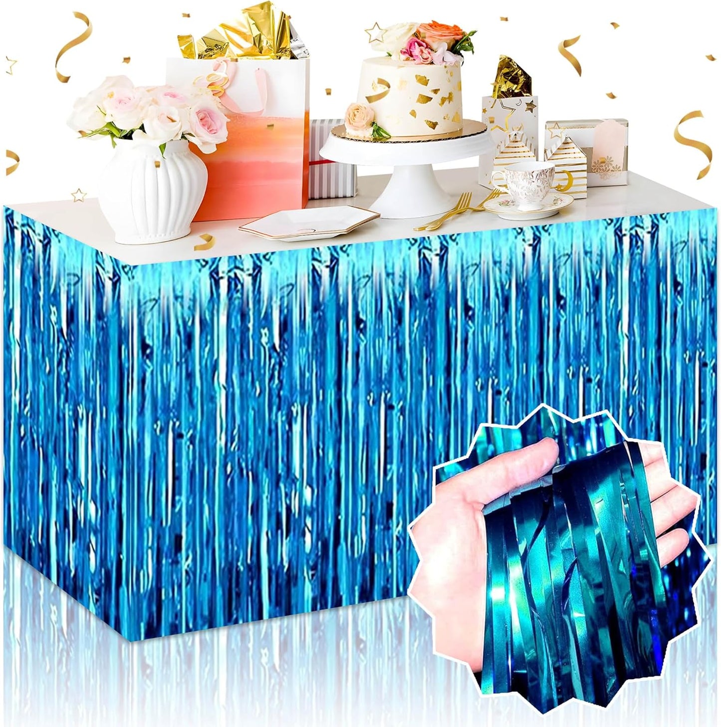 3 Pack Lake Blue Foil Fringe Table Skirts Metallic Tinsel Streamers Garland Banner Backdrop for Table Decor, Parade Float, Birthday, Wedding, Halloween, Christmas Party Decorations(29x108 In)