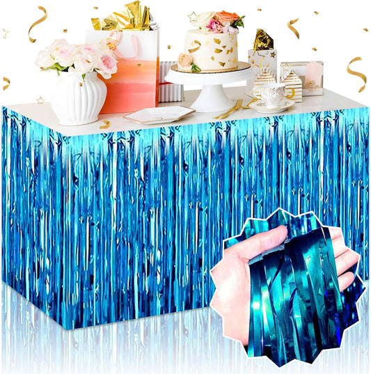 3 Pack Lake Blue Foil Fringe Table Skirts Metallic Tinsel Streamers Garland Banner Backdrop for Table Decor, Parade Float, Birthday, Wedding, Halloween, Christmas Party Decorations(29x108 In)