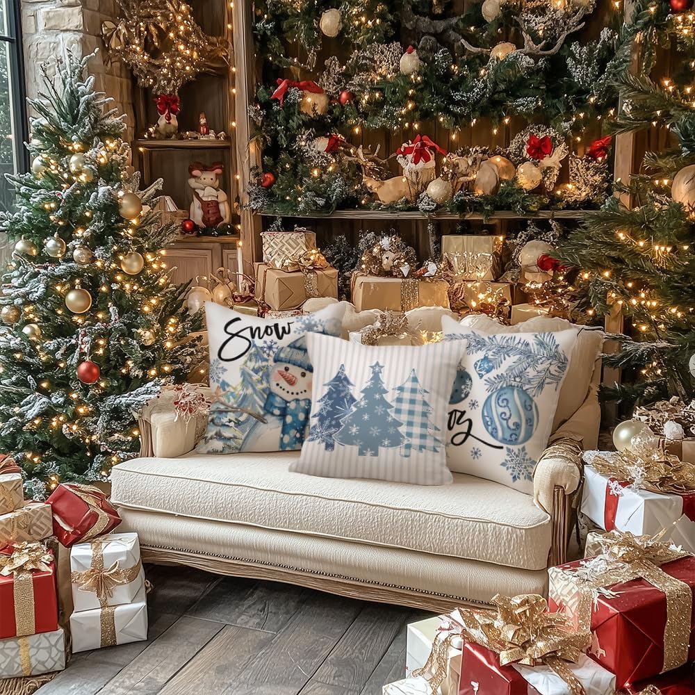 GEEORY Winter Christmas Throw Pillow Covers 18 x 18 Inch Set of 4, Xmas Trees Snowflake Snowman Joy Plaid Holiday Farmhouse Decorative Cushion Cases for Home Decoration G582-18
