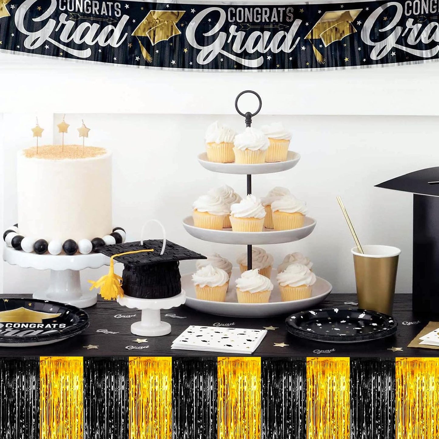 4 Pack 29x108 Inch Metallic Foil Fringe Tinsel Table Skirts for Rectangle Tables Streamer Backdrop for Wedding, Birthday, Parade Floats, Christmas, Halloween Party Decoration(Black Gold)