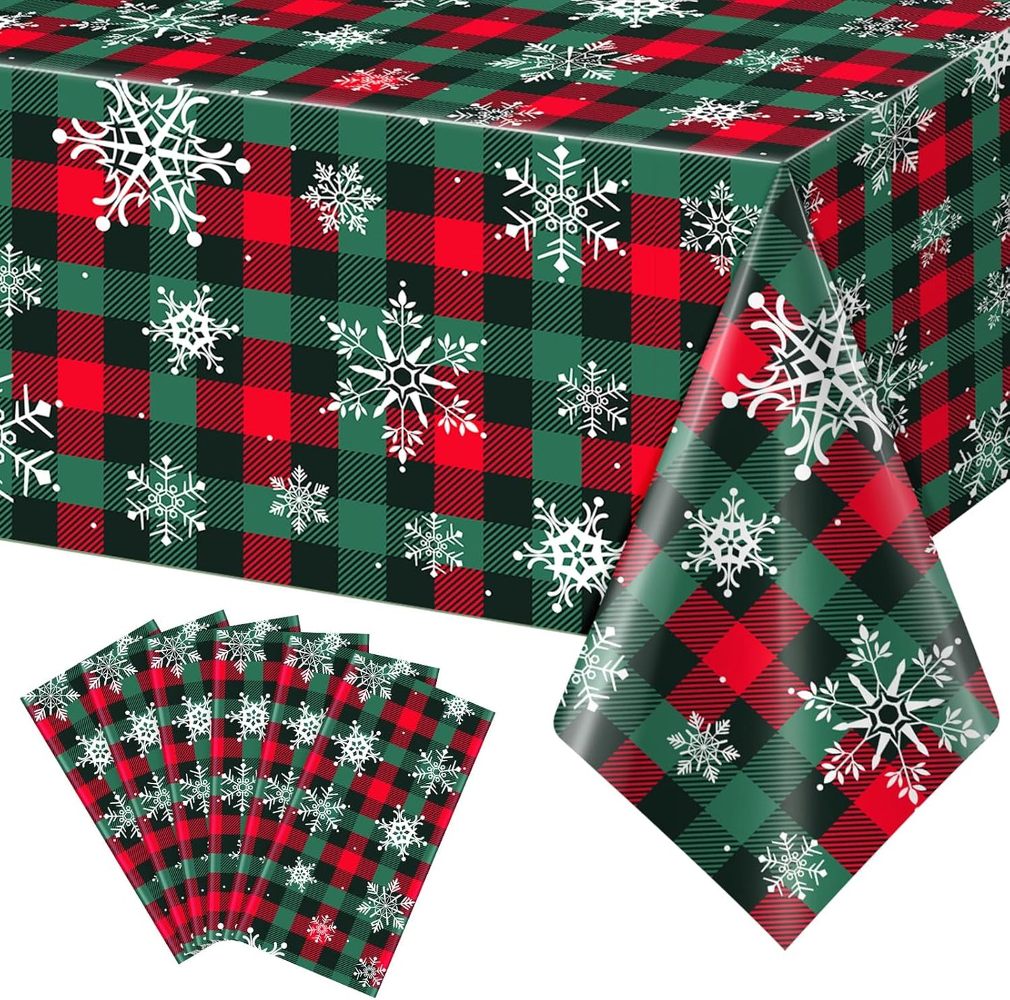 6Pcs Christmas Buffalo Plaid Snowflake Party Tablecloths Decorations,Plastic Red and Green Checkered Rectangle Table Cover for Winter Christmas New Year Birthday Holiday Party Decorations,54x108 inch
