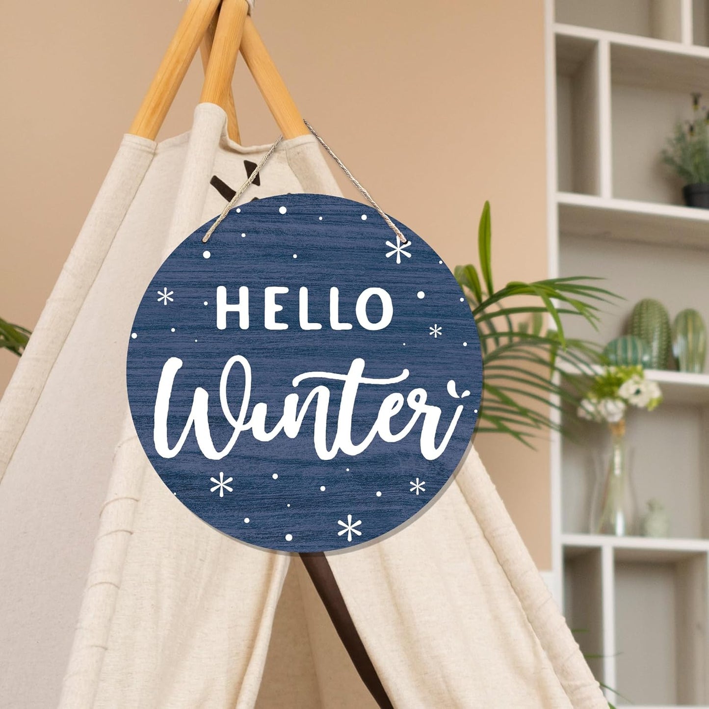 CGBHW Hello Winter Wooden Sign, Navy Blue Holiday Snowflake Hanging Sign Wall Decor for Room Home, Winter Wonderland Snowy Christmas Door Decor 12 x 6 Inch