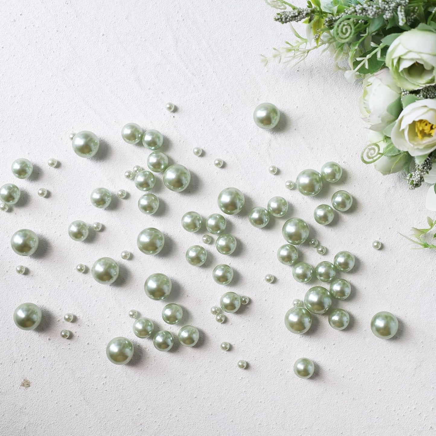 260Pcs Greygreen Glossy Beads for Centerpiece Decor, Artifical Pearls Vase Filler, Makeup Brush Beads, No Hole Round Pearl Beads for Wedding Birthday Christmas Party Home Decor(18mm 14mm 6mm)