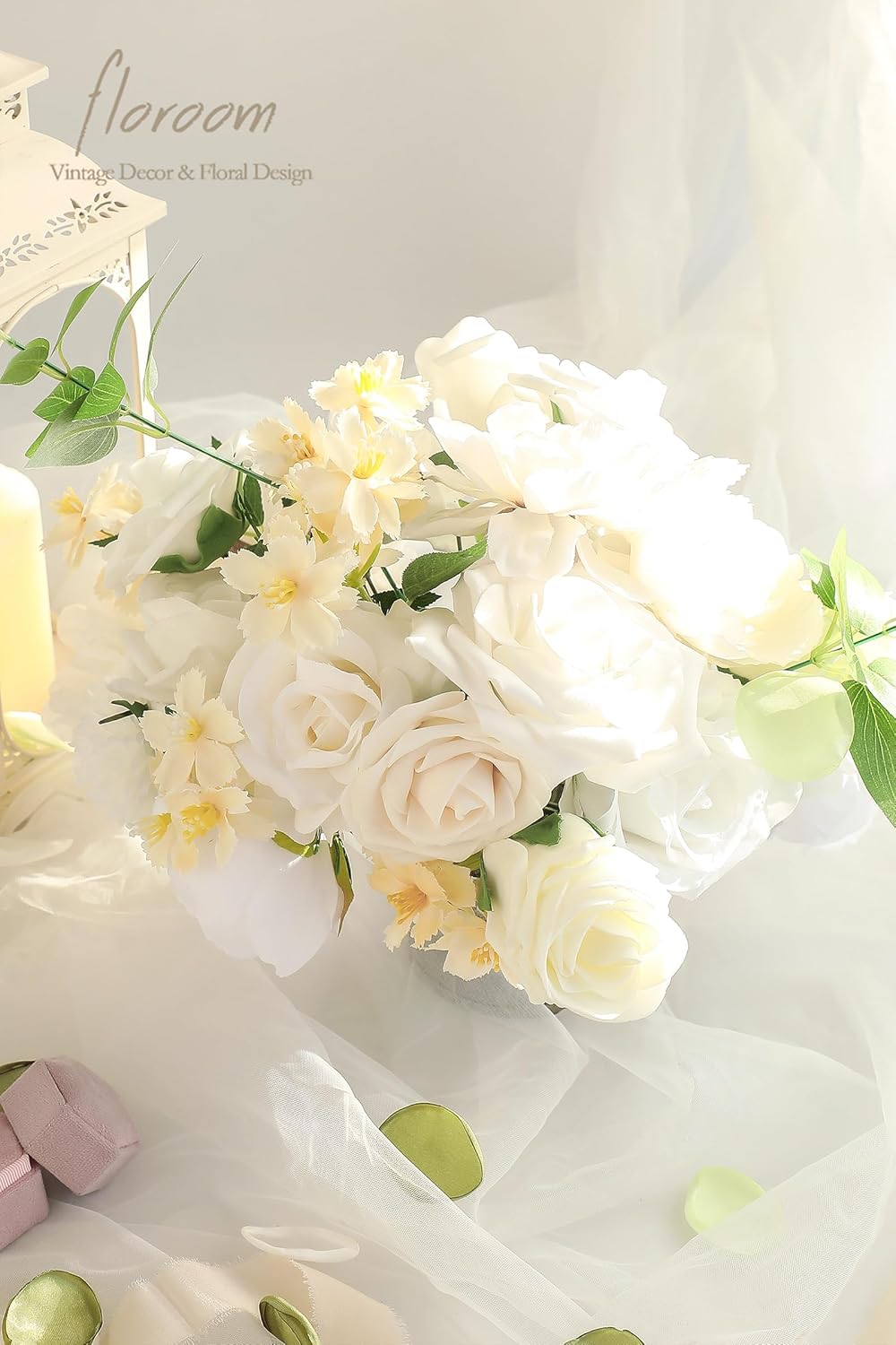 Floroom Cream White Artificial Flowers Ivory Fake Roses Peonies Dahlias and Greenery Combo Box Set for DIY Wedding Bouquets Bridal Shower Centerpieces Floral Arrangements Party Tables Home Decorations