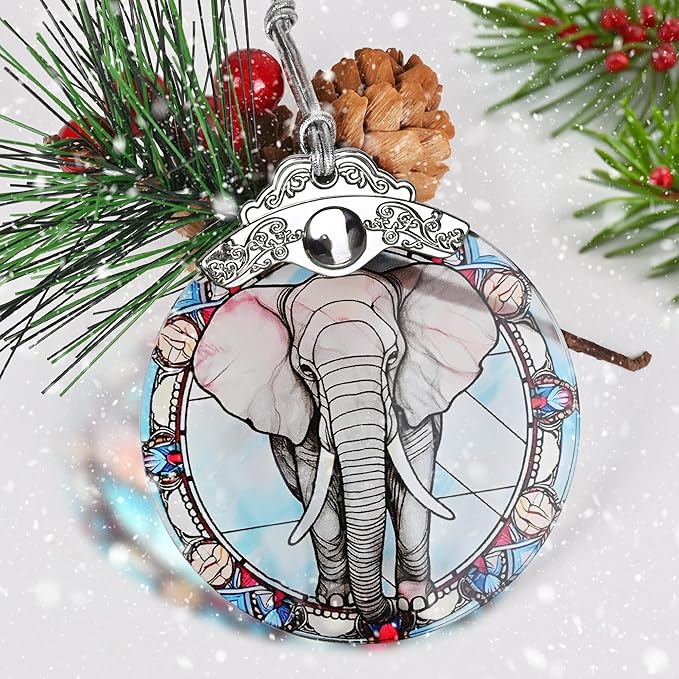 Stained Glass Christmas Ornament, Jocidea Elephant Christmas Decorations, Christmas Tree Ornament, Elephant Lovers Gifts, Holiday Decor and Xmas Gifts Ideas