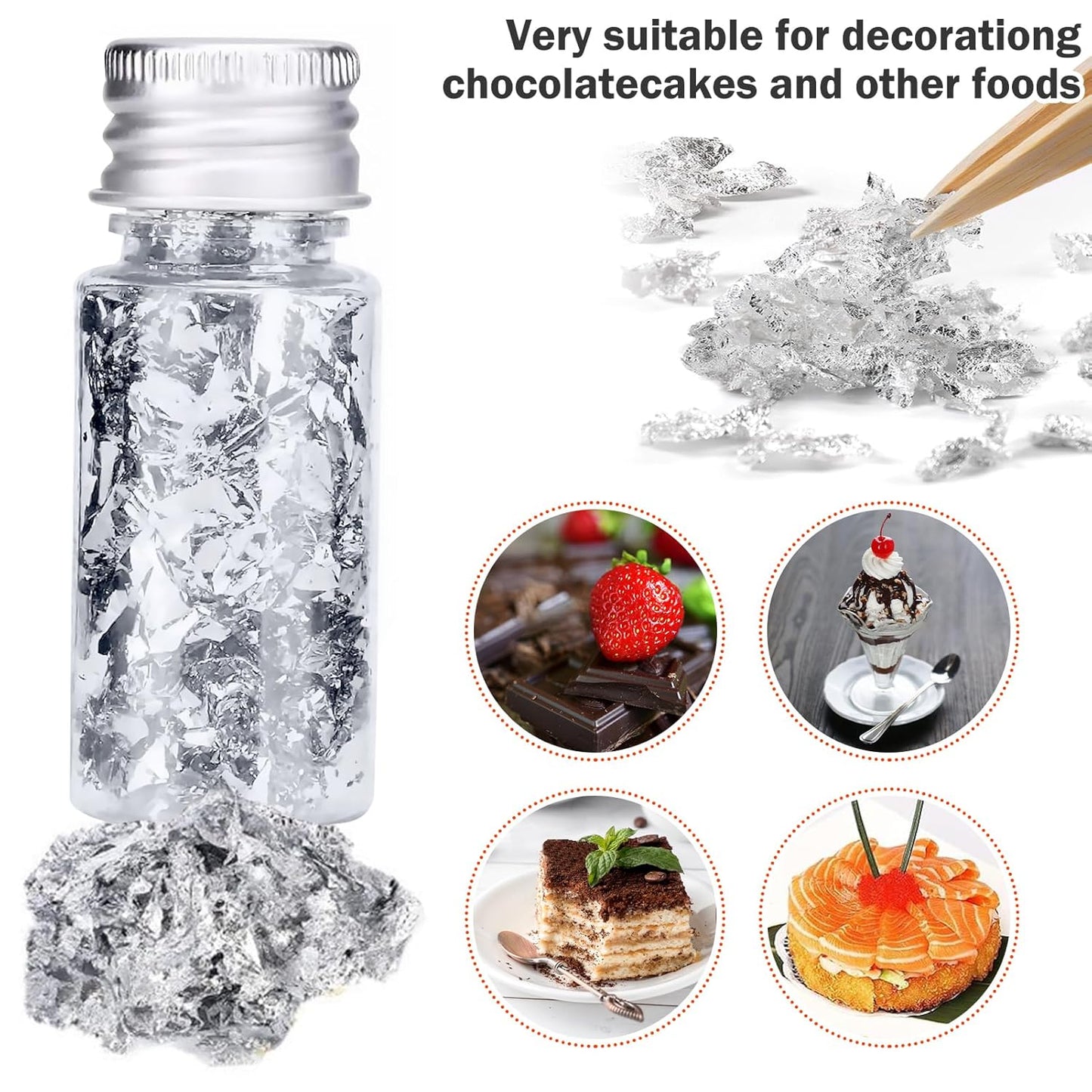 Edible Silver Leaf, Silver Leaf Cake Decoration Gold Flakes Food Gold Foil Decoration Baking Gold Foil Decor Chocolates Decor Silver Leaf Sheets for Cooking Dessert Decoration Crafts Makeup (Silver)