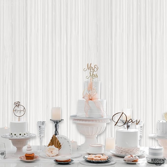 KatchOn, White Foil Fringe Curtain - XtraLarge 3.2x8 Feet, Pack of 2 | Fringe Backdrop for Party Decorations | White Backdrop for Bridal Shower, Baby Shower, Anniversary, Wedding Decorations