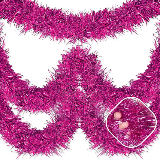 25 Feet Fuchsia Christmas Tinsel Garland, Metallic Foil Twist Garland Wall Hanging Tinsel Banner Backdrop for Parade Floats, Easter, Mother's Day, Birthday Party Decorations (4in x 25ft)