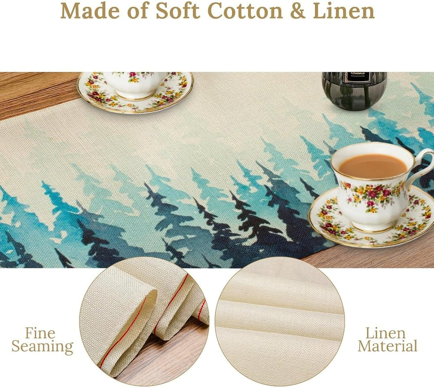 Misty Forest Table Runner,Foggy Blue Forest Landscape Table Runner for Kitchen Dining Table Home Party Decoration 13x36 Inch