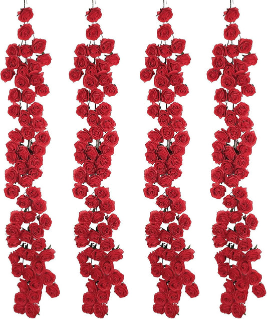 4 Pcs Red Artificial Rose Vine Hanging Faux Flowers Garland for Wedding Anniversary Birthday Party Background Arch Garden Home Wall Room Decor