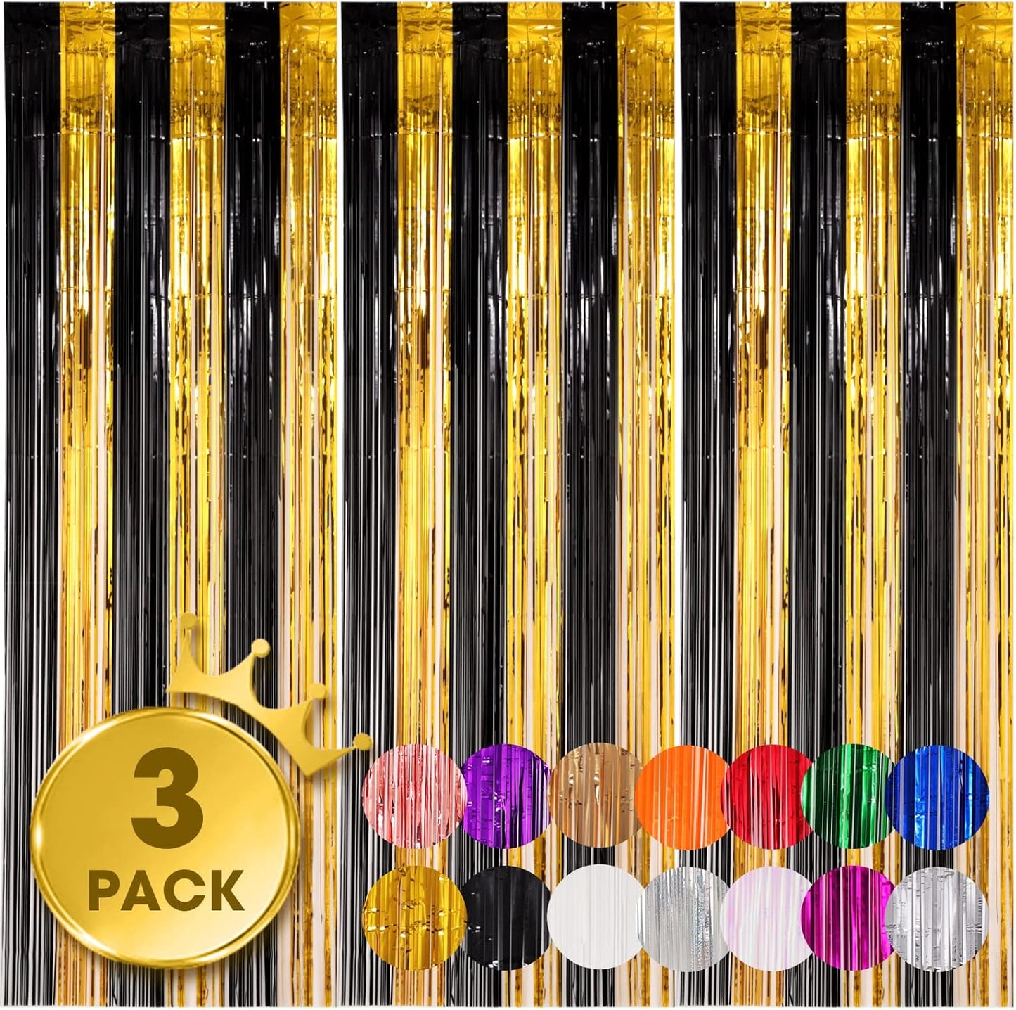 3 Pack 3.3x8.2 Feet Black and Gold Foil Fringe Backdrop Curtains, Tinsel Streamers Birthday Party Decorations, Fringe Backdrop for Graduation, Baby Shower, Gender Reveal, Disco Party