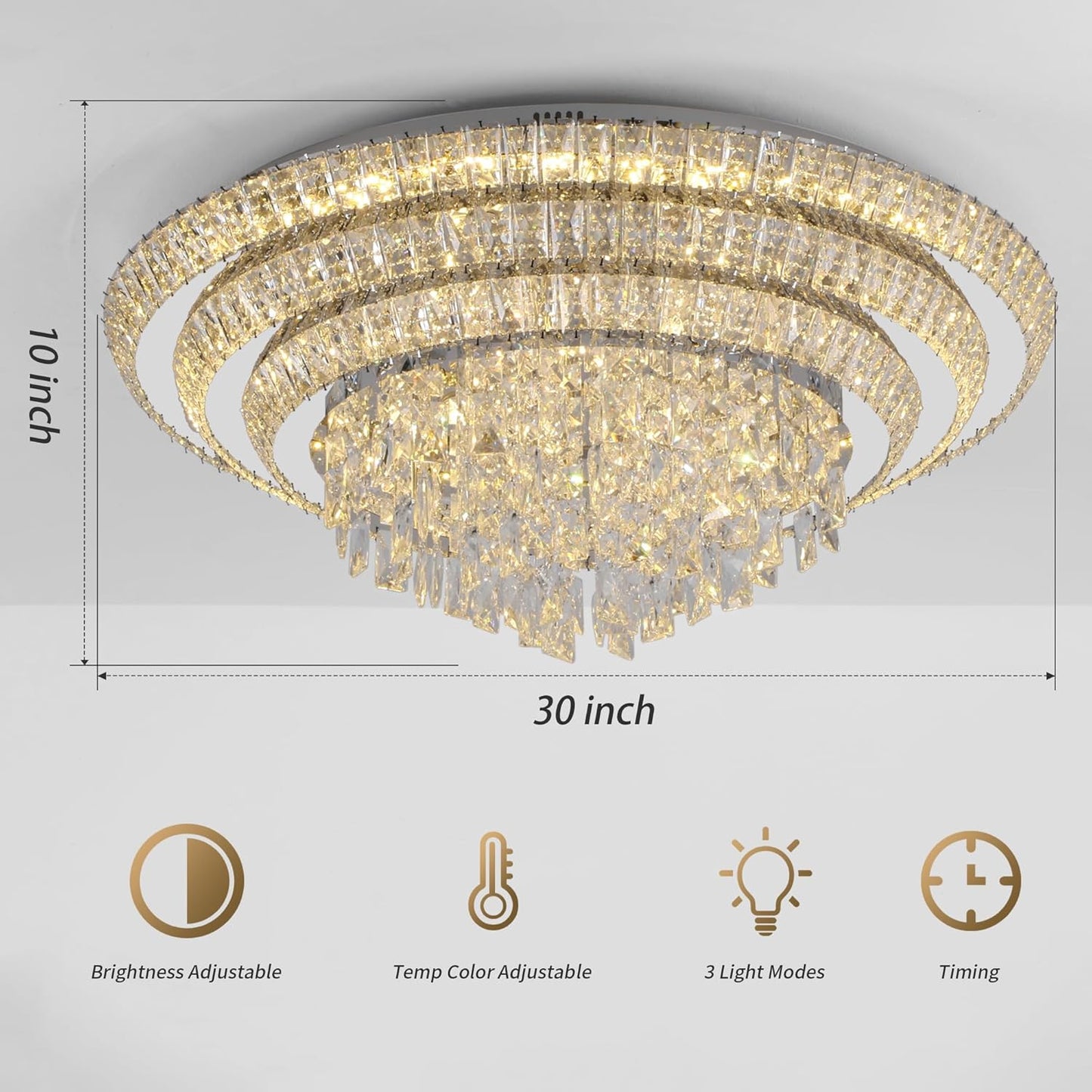 30 inch Crystal Silver Ceiling-Light Flush Mount with Remote Control and APP, 3CCT Dimmable & Brightness Adjustable, Modern Crystal Raindrop Chandeliers for Bedroom Hallway Dinning Room Living Room