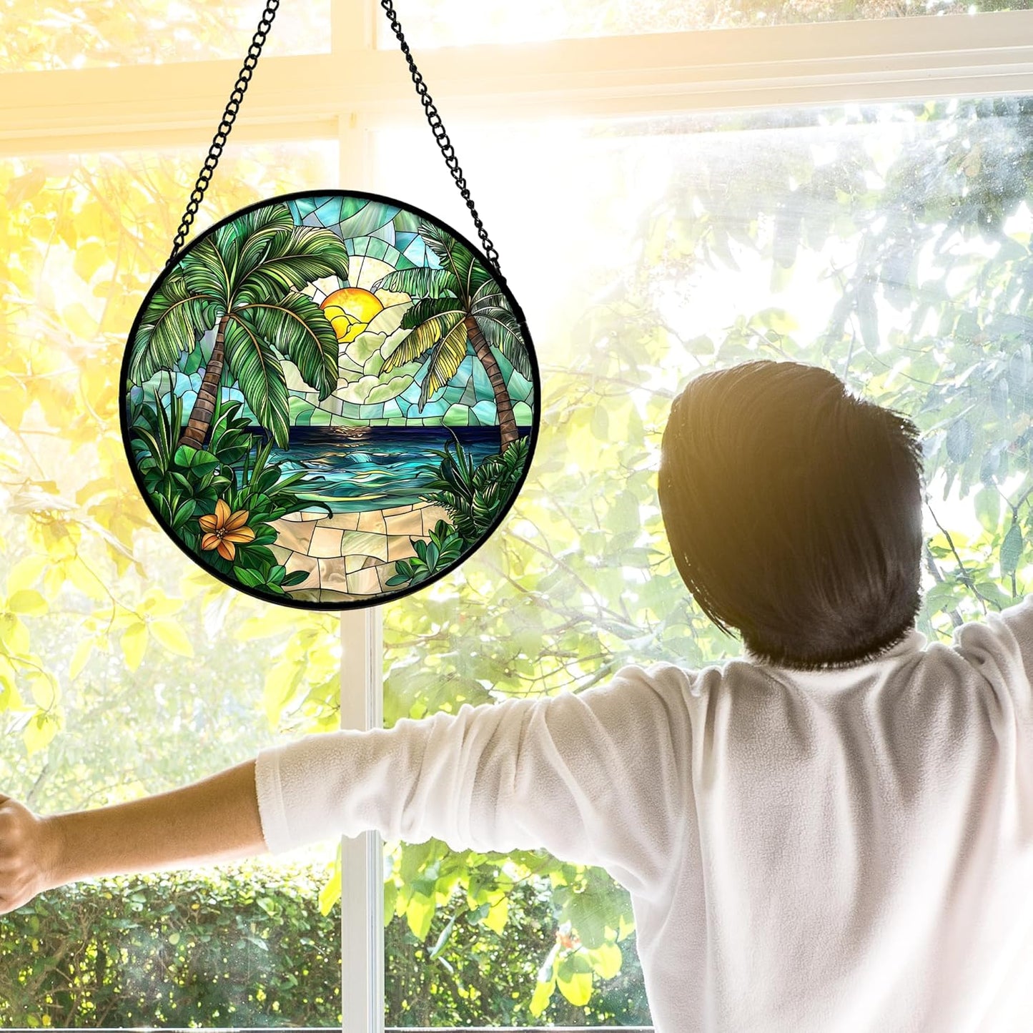 Stained Glass Window Hanging, Green Beach Scenery Suncatcher Diamond Glass Panel Hangings Sun Catchers Decor for Birthday for Women, Men, Wife, Aunt, and Mom 6.3 in