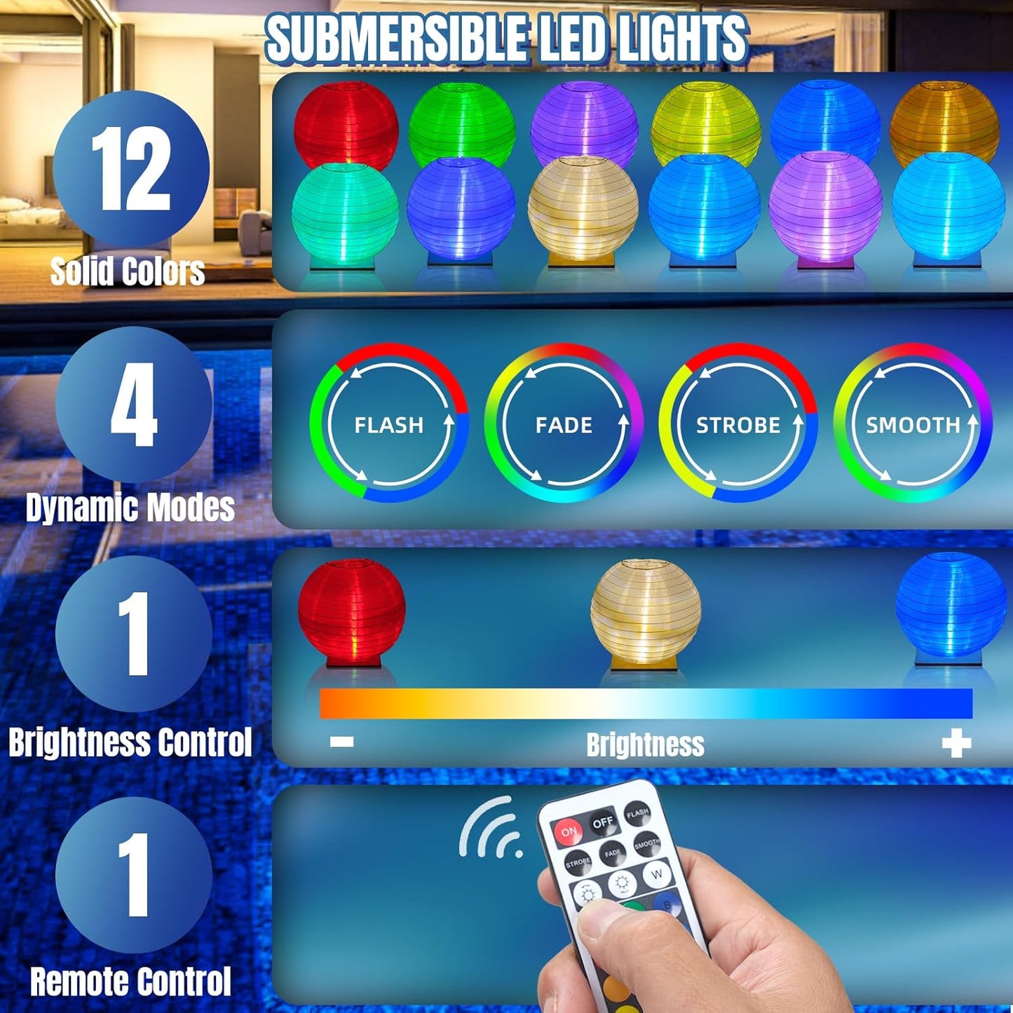 Floating Lanterns LED Pool Lights,IP68 Waterproof Pool Lights That Float ,13 Color Changes by Remote Control for Pool Decor,Outdoor Party,Wedding (2Pcs - 10 inches)