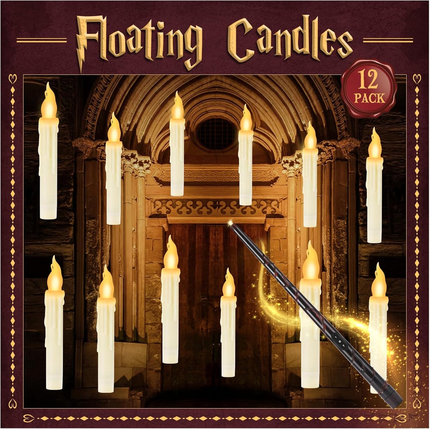 Halloween Decorations, Floating Candles with Magic Wand & 6H Timer Function,12 PCS Hanging Battery Operated Flickering Flameless Candles for Halloween Decor, Chrismas Party, Birthday, Wedding, Church