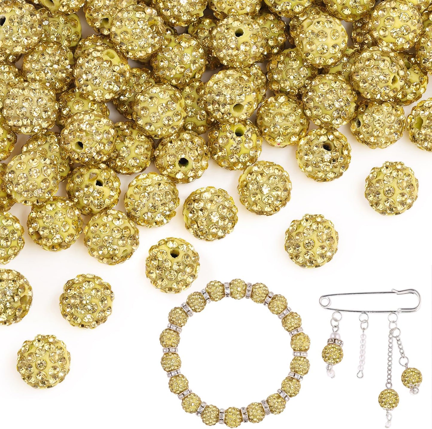 200pcs 10mm Light Yellow Rhinestone Beads for Jewelry Making, Shiny Round Shamballa Disco Ball Beads, Sparkle Crystal Clay Christmas for Bracelet Baseball Necklace Earring Crafting and DIY