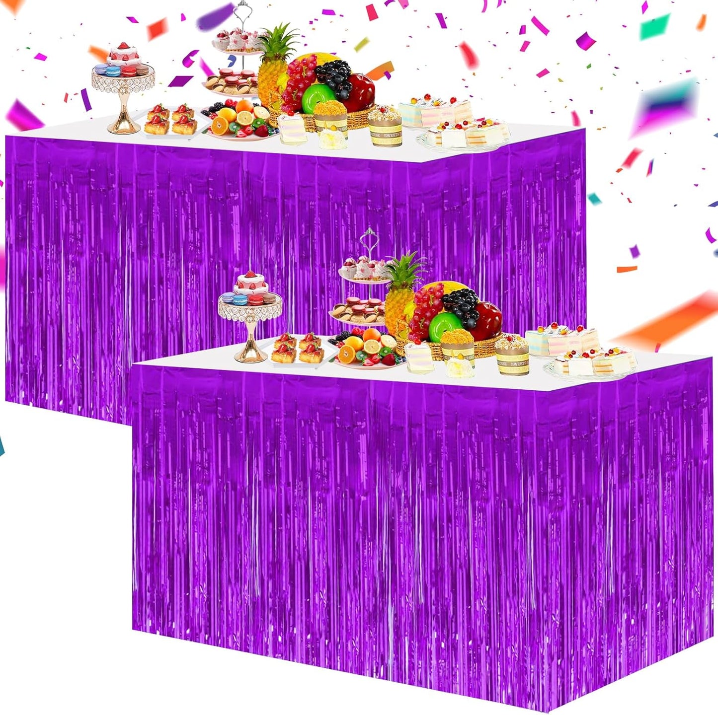 BEISHIDA 2 Pack Dark Purple Metallic Tinsel Foil Fringe Table Skirts for Rectangle and Round Tables - Birthday & Holiday Party Decorations
