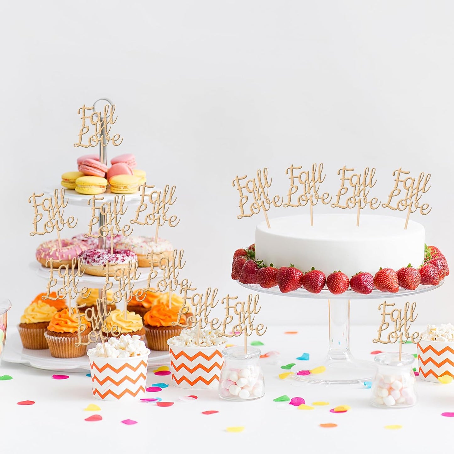24 PCS Fall in Love Cupcake Toppers Glitter Fall Theme Bridal Shower Cupcake Picks for Autumn Wedding Engagement Anniversary Birthday Bridal Shower Party Cake Decorations Supplies Champagne Gold