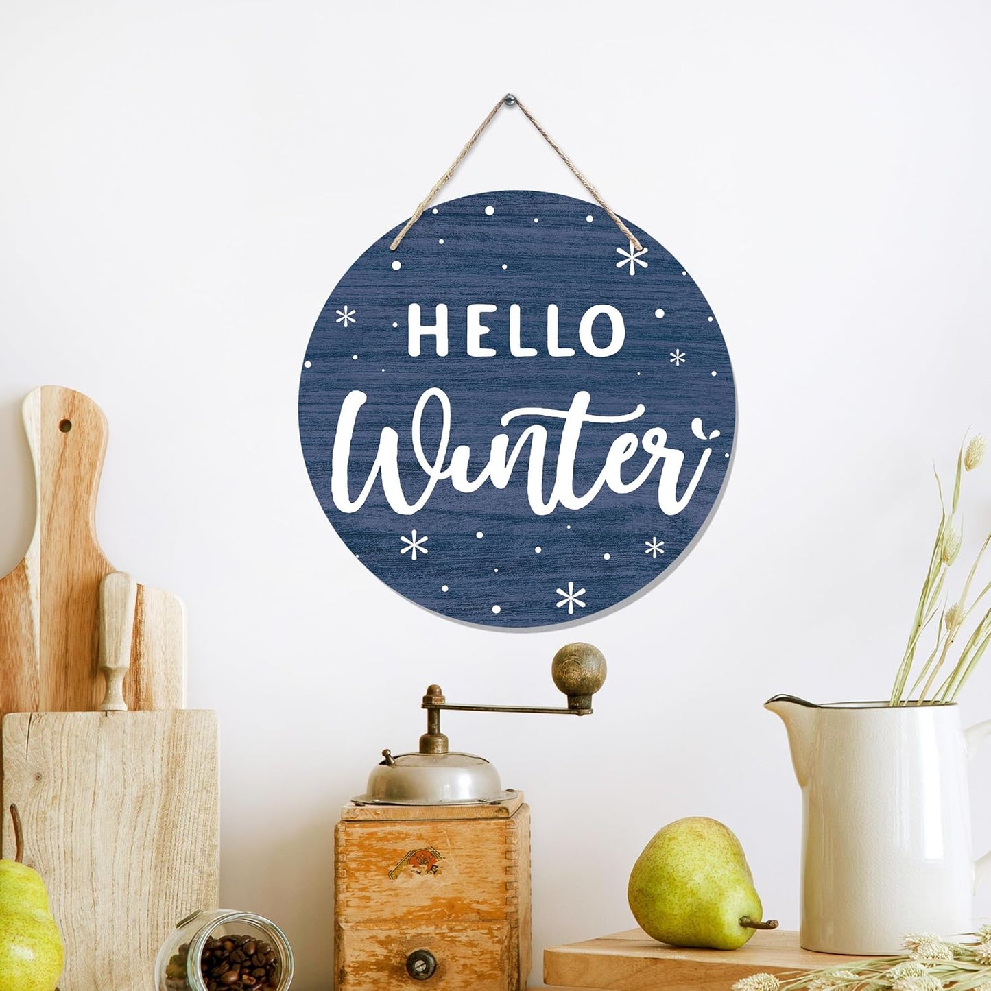 CGBHW Hello Winter Wooden Sign, Navy Blue Holiday Snowflake Hanging Sign Wall Decor for Room Home, Winter Wonderland Snowy Christmas Door Decor 12 x 6 Inch