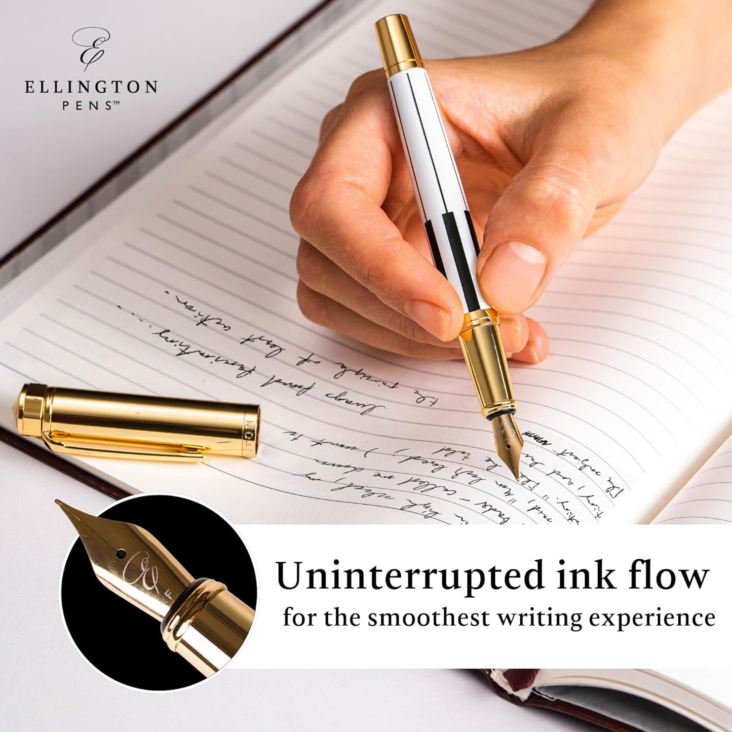 Ellington Pens Luxury Fountain Pen Set- Fountain Pens for Writing - Smooth Extra Fine Nib - Includes Refillable Ink Converter, 3 Ink Cartridges [Black & Blue], Gift Box - Elegant Calligraphy