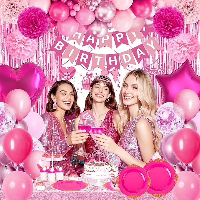 125PCS Hot Pink Plastic Plates - Pink Disposable Plate - Elegant Party Plates with Gold Plastic Silverware Sets for 25 Guests for Valentine's Day Party & Birthday & Baby Shower
