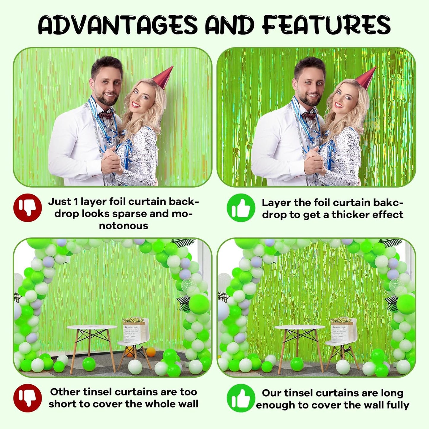 2 Pack 3.3x8.2 Feet Neon Green Foil Fringe Backdrop Curtains, Tinsel Streamers Birthday Party Decorations, Fringe Backdrop for Graduation, Baby Shower, Gender Reveal, Disco Party