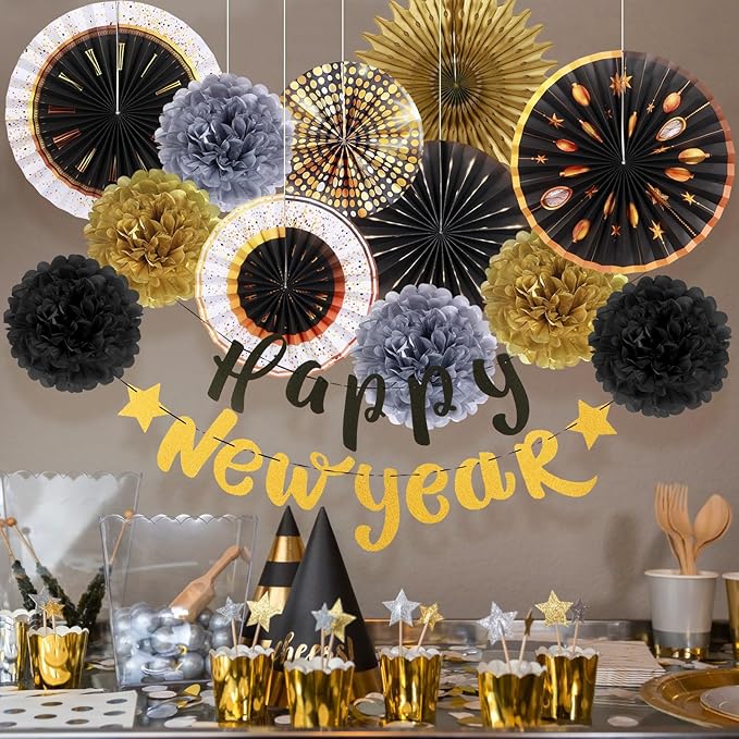 SUNBEAUTY New Years Eve Party Supplies 2026, Happy New Year Decorations Black Gold Hanging Paper Fans Tissue Pom Poms Happy New Year Banner for 2026 New Year Party Favor Supplies Decorations