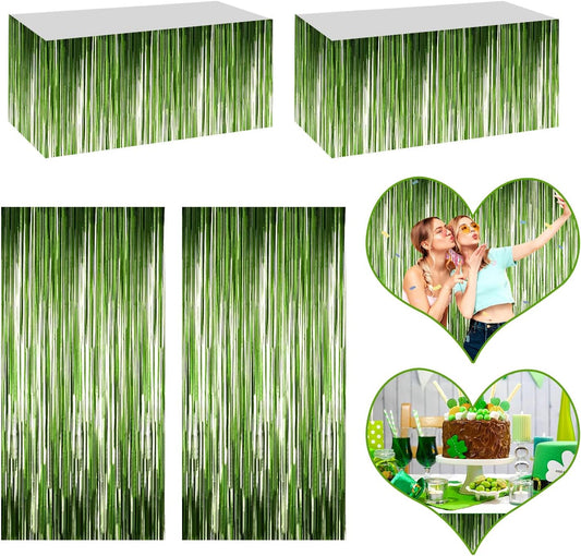 4P Metallic Foil Fringe Tinsel Table Skirts for Rectangle Tables Backdrop Banner Streamer Garland Curtains for Parade Floats Wedding Graduation Anniversary Birthday Parties Decoration (Light Green)