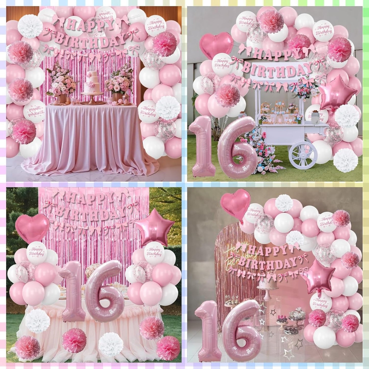 16th Birthday Decorations for Girls Pink Number 16 Balloon Bow Coquette Happy Birthday Banner Fringe Curtain Paper Pom Poms Star Heart Foil Pink White Balloons 16 Year Old Party Decor for Her