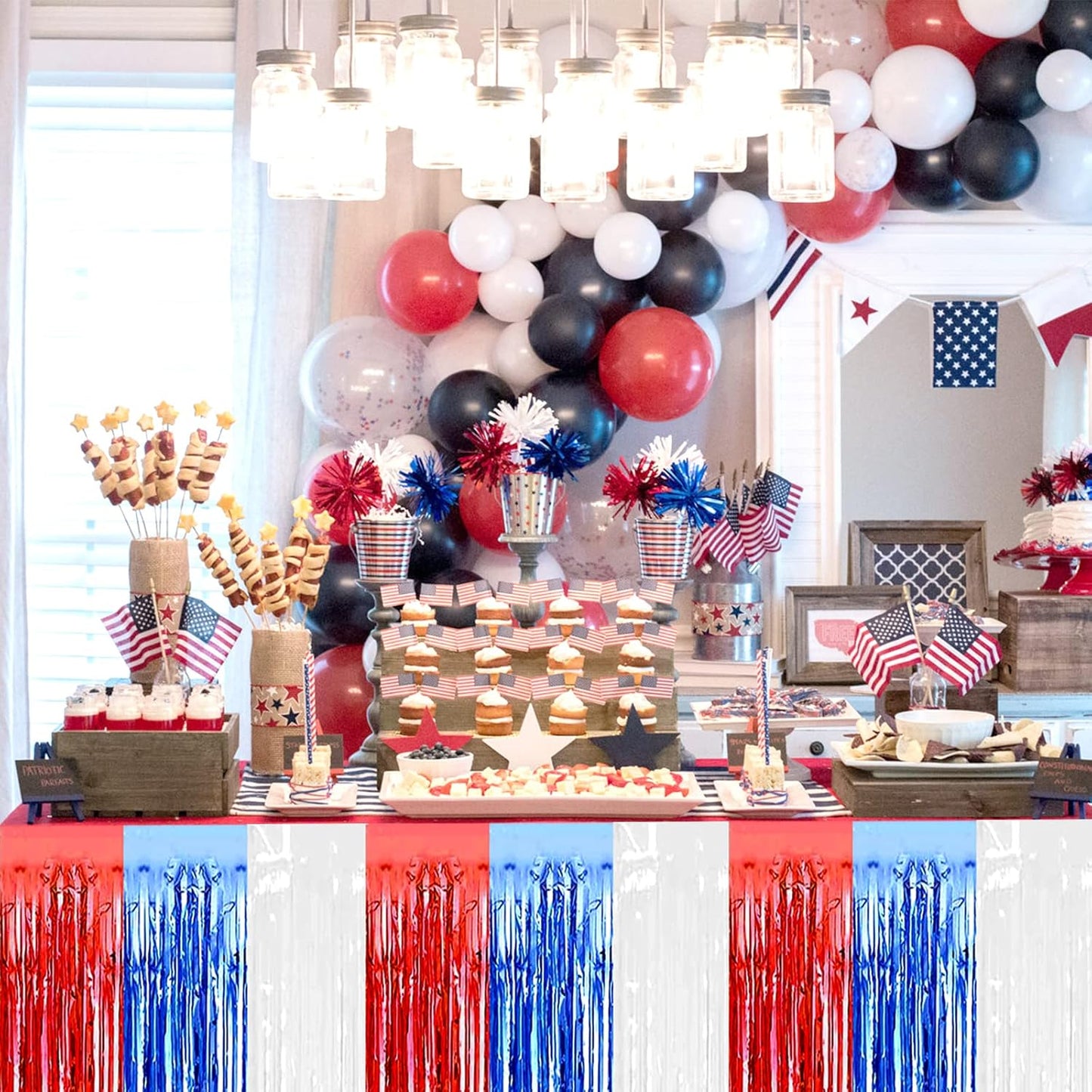 6 Pack 29x108 Inch Red Blue White Metallic Foil Fringe Tinsel Table Skirts for Rectangle Tables Streamer Curtains Backdrop for Wedding, Birthday, Parade Floats, Independence Day Party Decoration