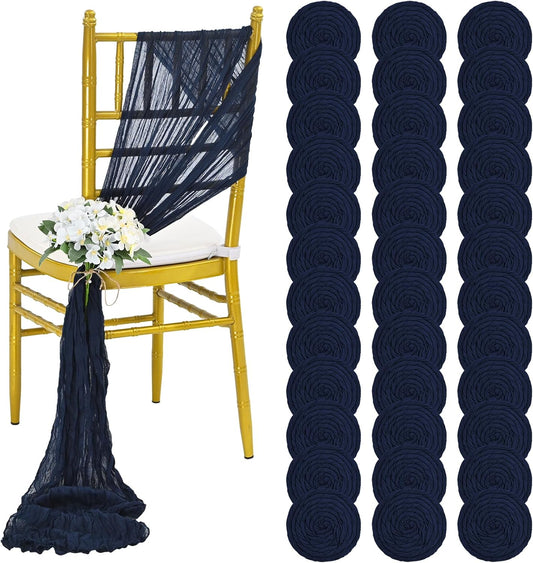 36 Pcs Navy Blue Cheesecloth Chair Sashes, 16 x 108 inch Gauze Fabric Washable Chair Sashes Bows Designed for Aisle Decorations Universal Chair Cover Decor for Wedding Reception Party Banquet