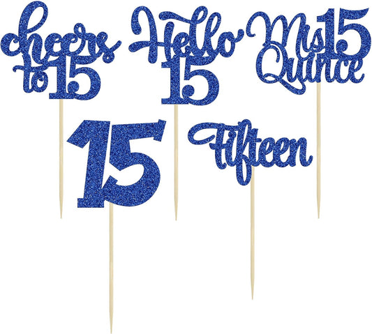 30Pcs 15th Birthday Cupcake Toppers Fifteen Cupcake Picks Cheers to 15 Years Old Mis Quince 15 Cake Decorations for 15th Birthday Anniversary Party Deep Blue Glitter