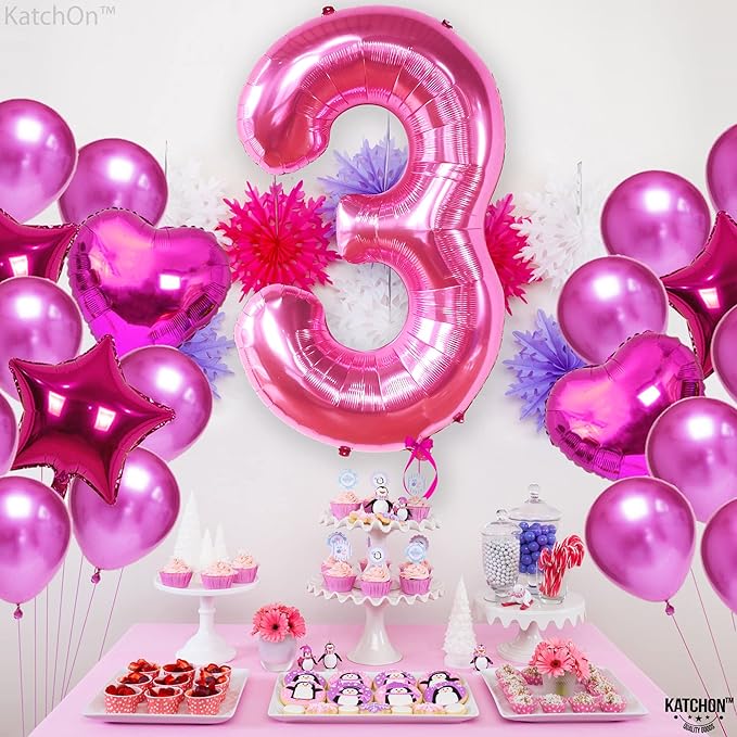KatchOn, Giant Hot Pink Number 3 Balloon - 40 Inch | Number 3 Foil Balloon | 3rd Pink Birthday Decorations for Girls | 3rd Anniversary Decorations | Pink Party Decorations