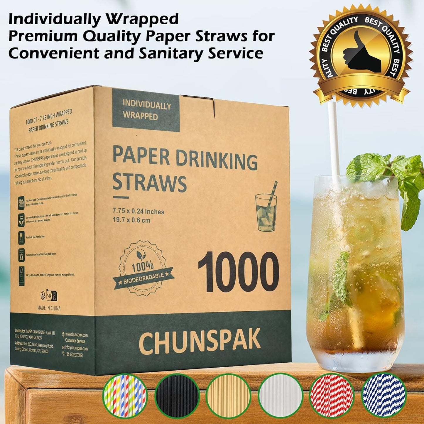 Disposable Paper Drinking Straws Bulk, Individually Wrapped - 7.75 Inch, Assorted Colors (Case of 1000)