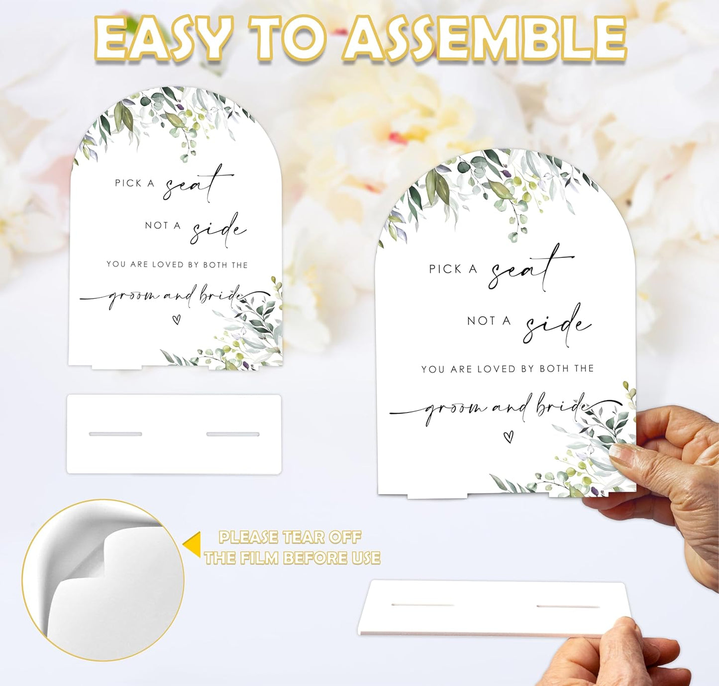 Greenery Pick a Seat Not a Side Sign, 6 x 8 Inch White Arch Acrylic Wedding Sign with Holder, Wedding Sign for Ceremony and Reception, Wedding Decoration, Wedding Supplies - LY18