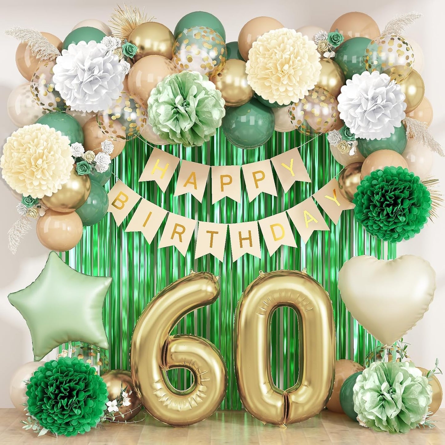 Sage Green 60th Birthday Decorations for Men Gold Number 60 Balloon Nude Gold Happy Birthday Banner Fringe Curtain Paper Pom Poms Olive Green Cream White Sand Star Foil Balloons Party Decor